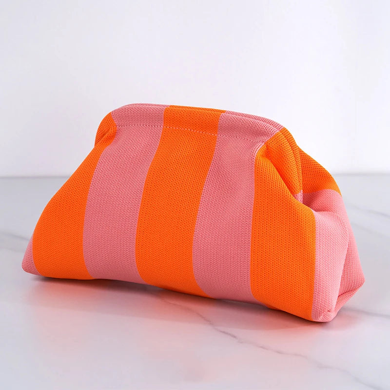 Women's Striped Beach Clutch Bag Versatile Small Woven Crochet Handbags Purses Knitting Dumpling Clutch Casual Bag