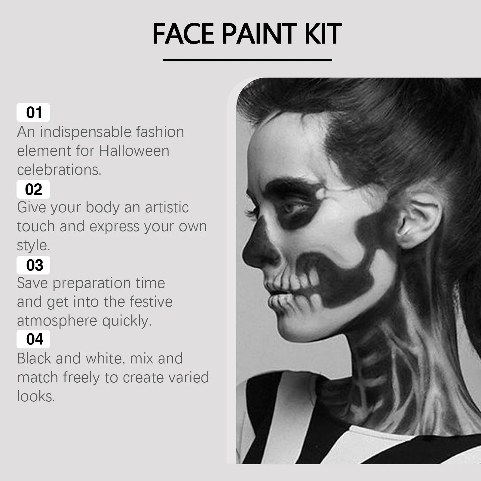 Black & White Face Body Paint Kit with Brushes Long-Lasting Makeup For Halloween Festive Fun Makeup Accessories Makeup Set