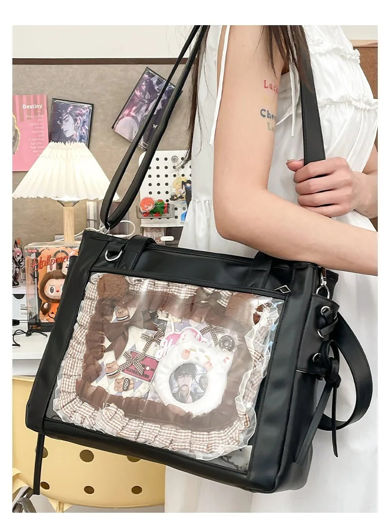 Womens Shoulder Bag Leather Sweet Lolita Jk Elegant Cute Casual Ita Bag Japanese Style Transparent Fashion Handbag