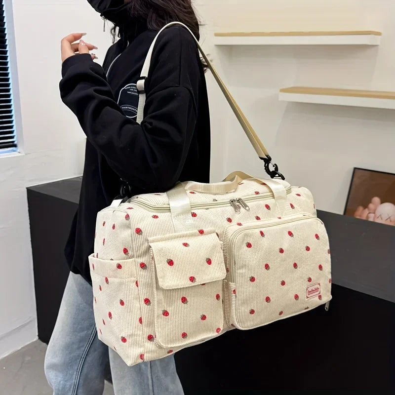 Large Capacity Casual Strawberry Print Duffel Bag with Multiple Compartments - Ideal for Travel, Gym, and Everyday Use