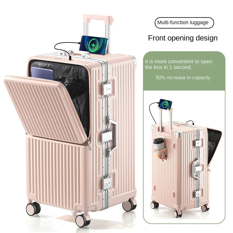Front Opening Suitcase 2025 New Large Capacity 20/30 inch Aluminum Frame Luggage with USB Cup Holder Laptop Bag Travel Suitcases