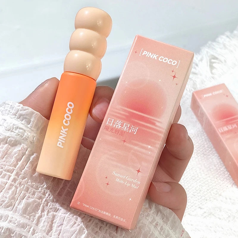 PINK COCO Sunset Galaxy Lip Glaze Matte Matte Velvet Lip Mud Low-saturation Tone Autumn and Winter Matte Lip Glaze