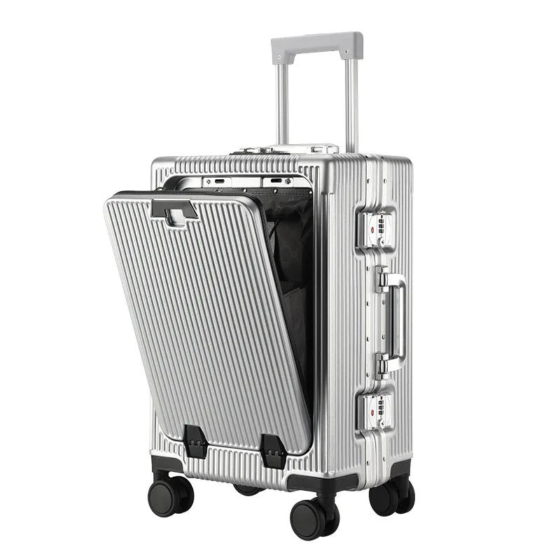 Front open trolley suitcase with cup holder travel luggage pull rod Aluminum frame Large capacity usb charging carry on suitcase