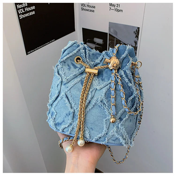 Vintage Denim Bucket Bag Retro Style Light Blue Ripped Edge Design Gold Chain Pearl Embellishment Adjustable Fringe Shoulder Bag