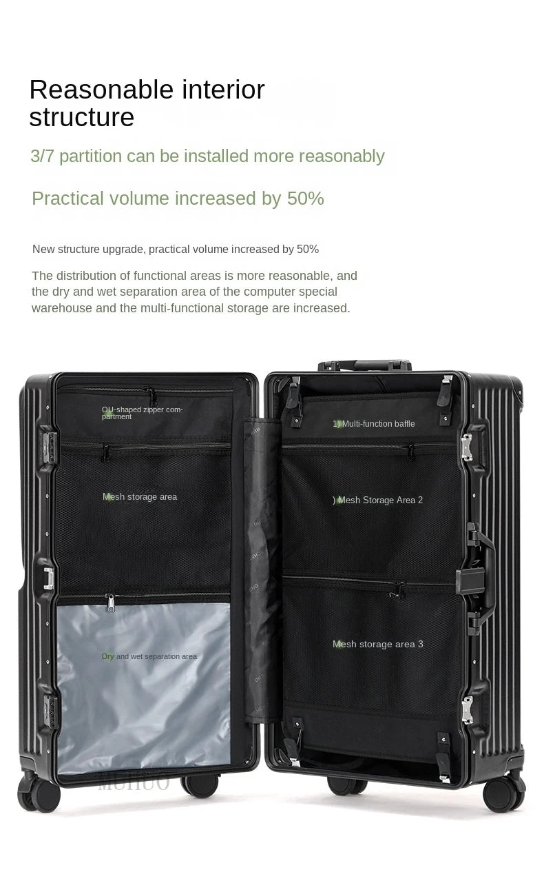 Front Opening Suitcase 2025 New Large Capacity 20/30 inch Aluminum Frame Luggage with USB Cup Holder Laptop Bag Travel Suitcases
