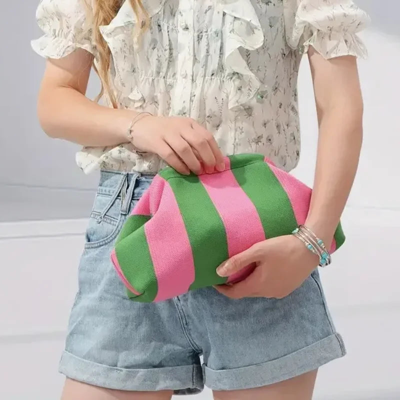 Summer Beach Clutch Bag for Women Woven Crochet Handbags Purses Knitting Dumpling Clutch Ruched Cute Cloud Casual Colorblock Bag
