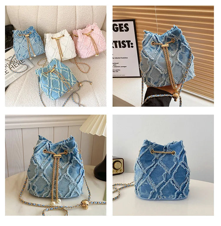 Vintage Denim Bucket Bag Retro Style Light Blue Ripped Edge Design Gold Chain Pearl Embellishment Adjustable Fringe Shoulder Bag