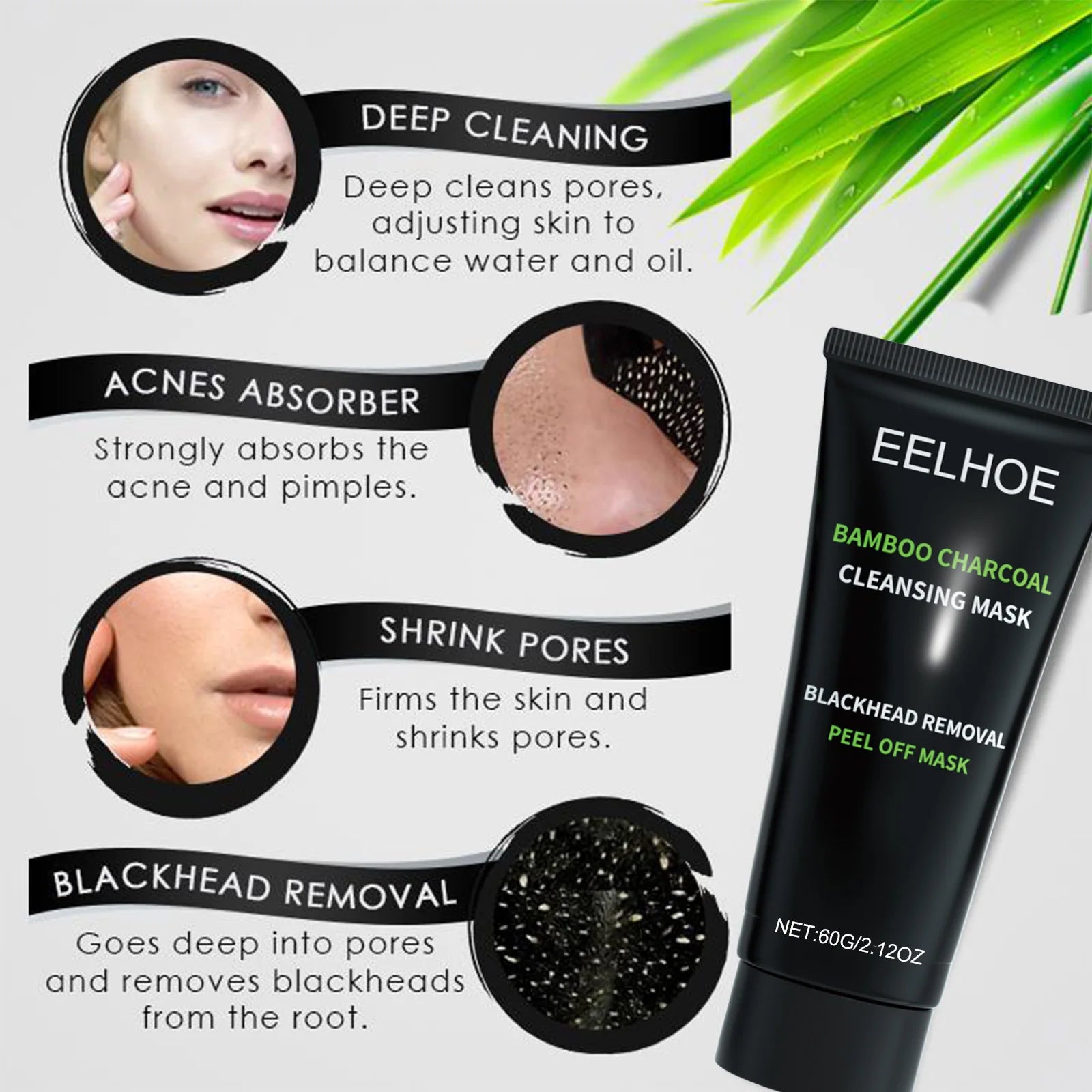 EELHOE Bamboo Charcoal Mask Blackhead Remover Deep Cleansing Shrink Pores Skin Tightening Rejuvenate the Face Tear Peel off Mask