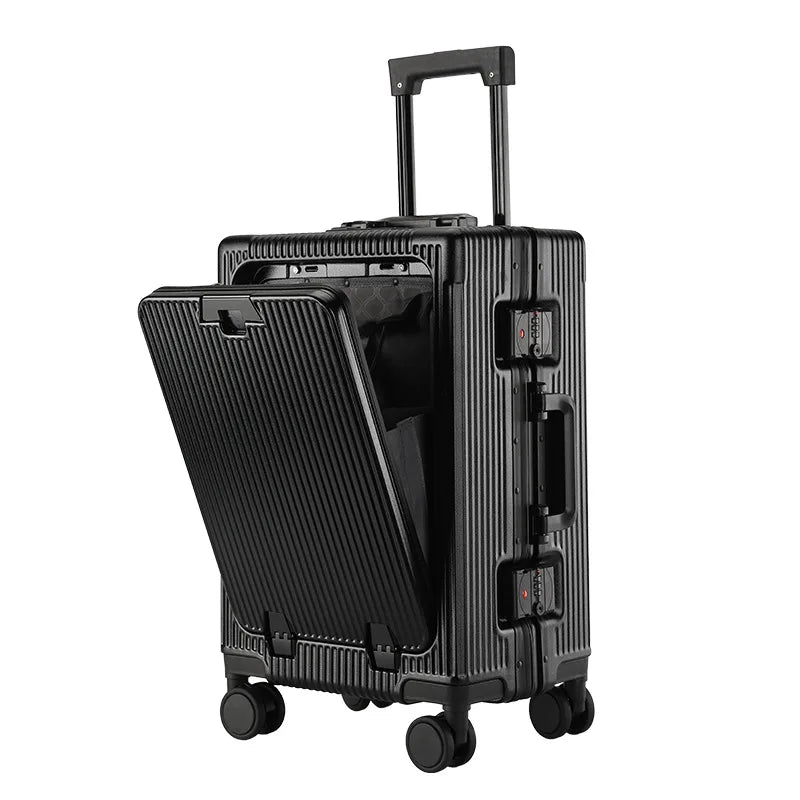 Front open trolley suitcase with cup holder travel luggage pull rod Aluminum frame Large capacity usb charging carry on suitcase