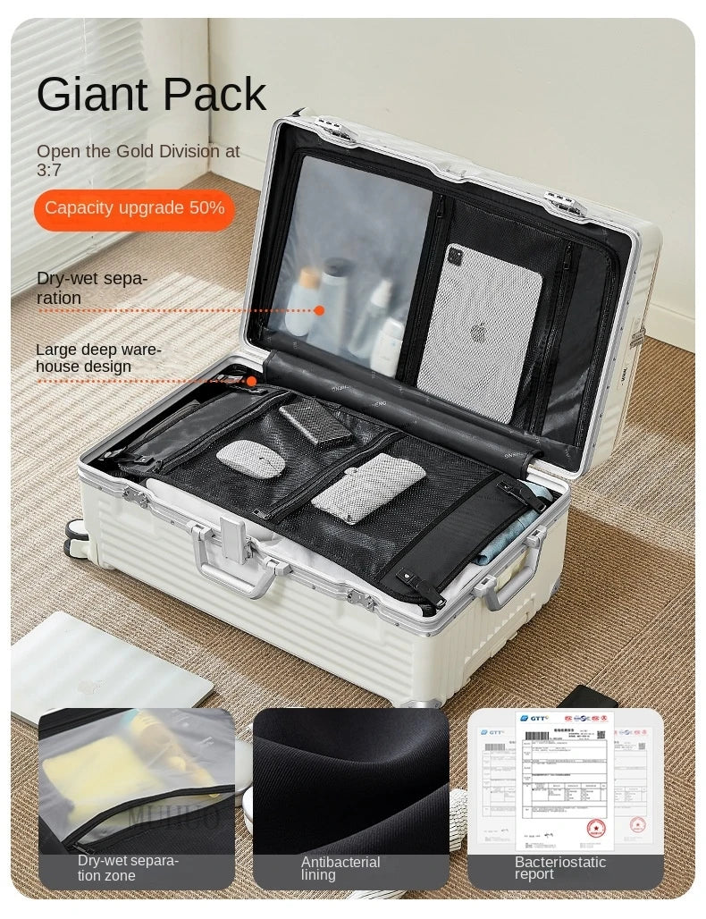 Front Opening Suitcase 2025 New Large Capacity 20/30 inch Aluminum Frame Luggage with USB Cup Holder Laptop Bag Travel Suitcases