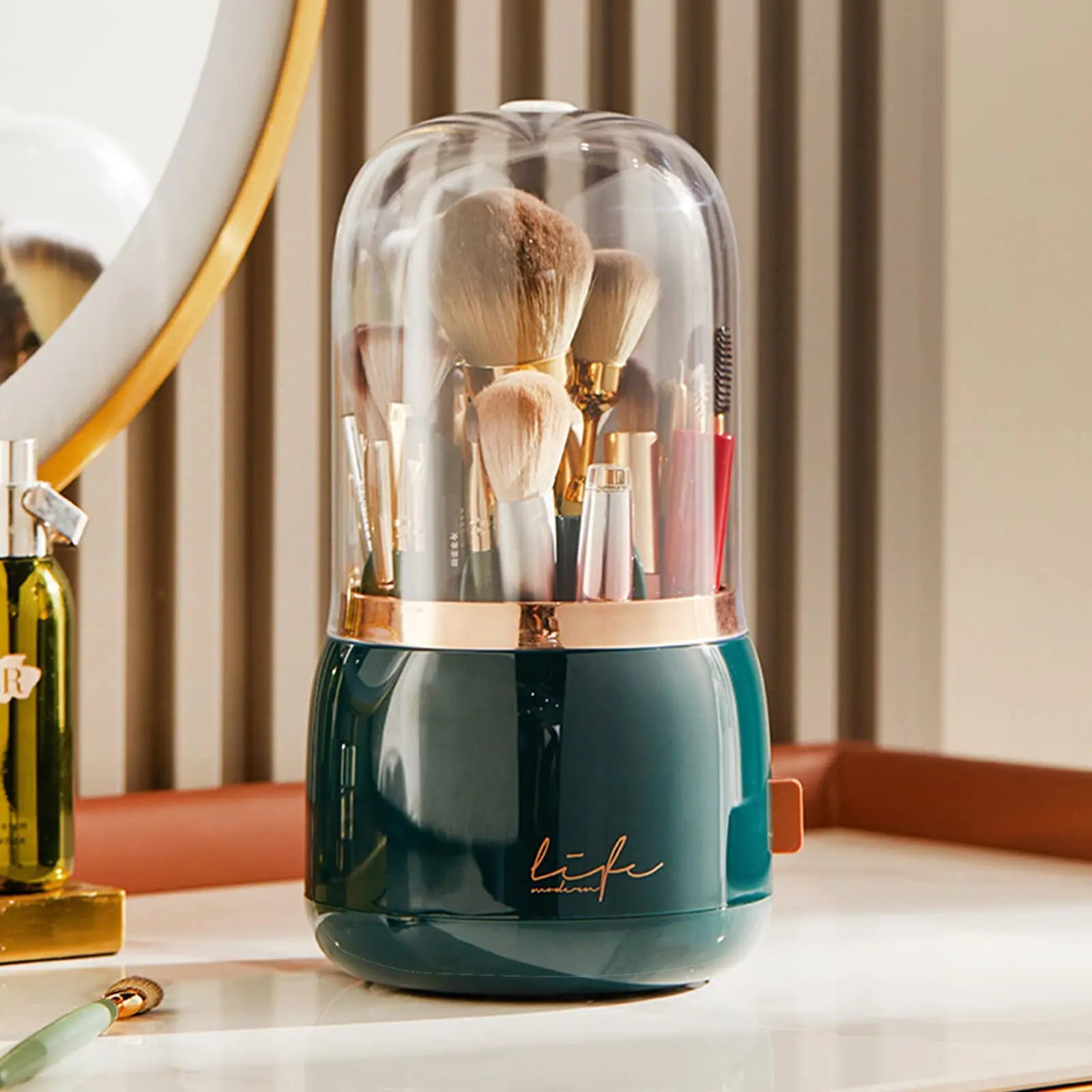 Make Up Brush Organizer 360 Rotating Cosmetics Makeup Brush Storage Box Holder with Lid Dustproof 7 Slot Storage Container