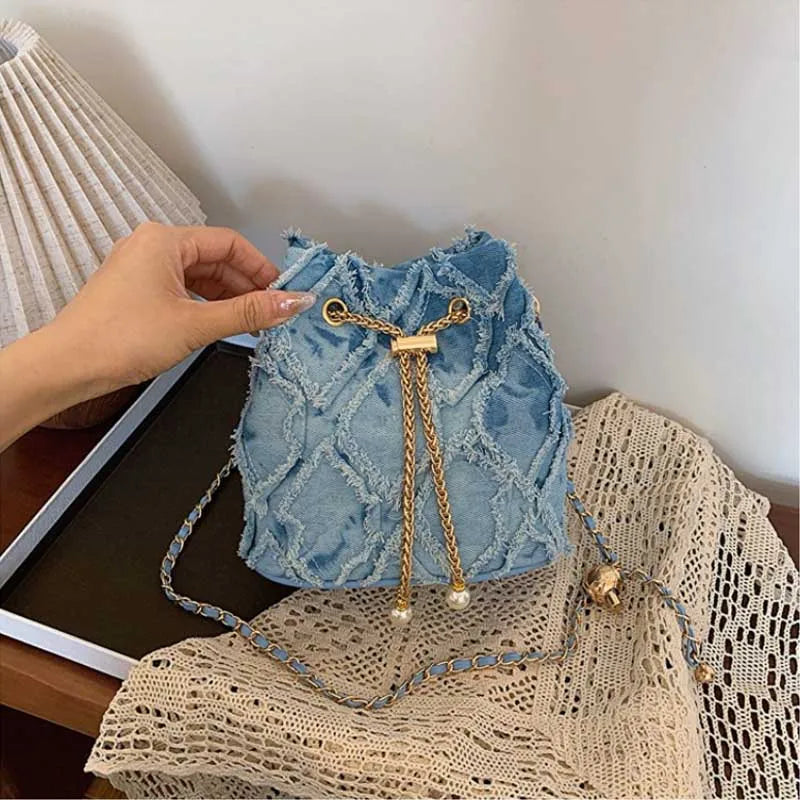 Vintage Denim Bucket Bag Retro Style Light Blue Ripped Edge Design Gold Chain Pearl Embellishment Adjustable Fringe Shoulder Bag