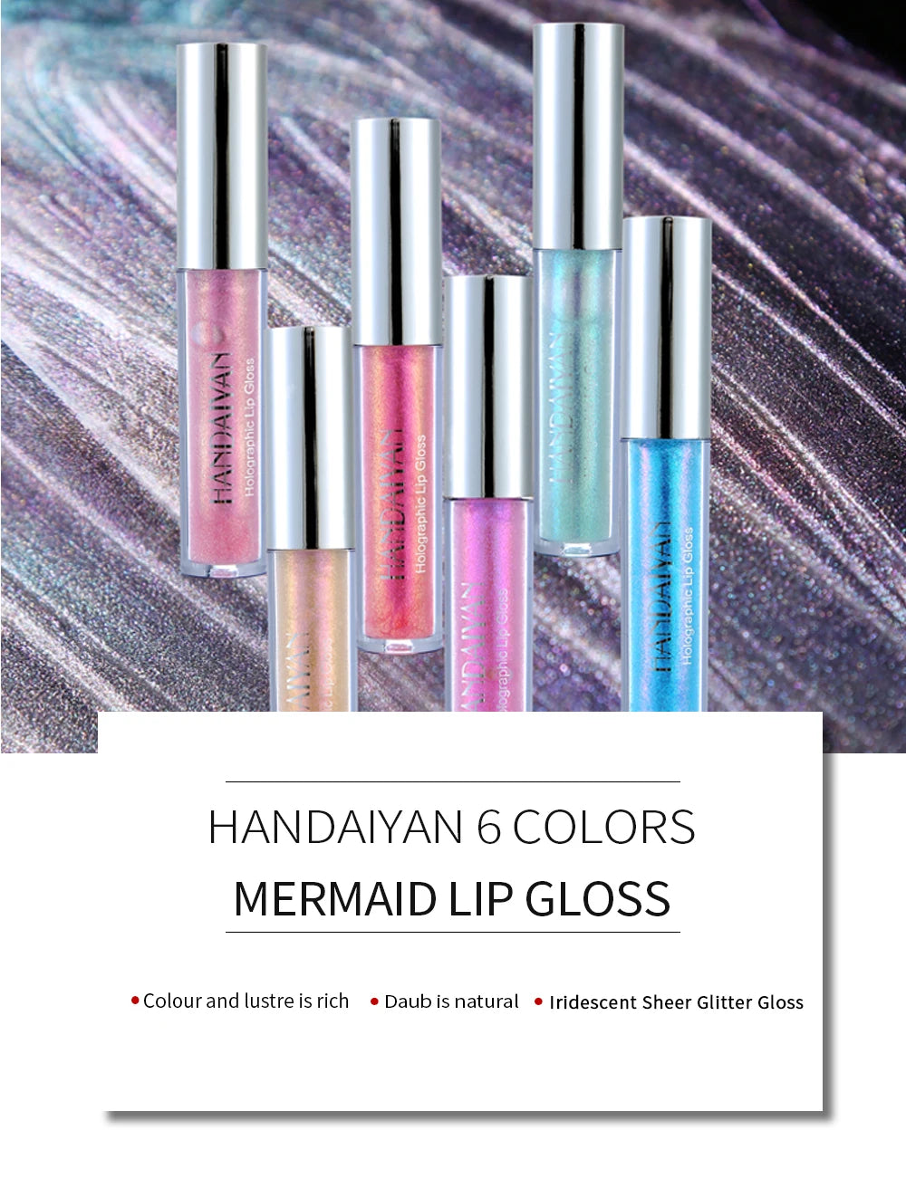 6 Colors Laser Holographic Lip Gloss Liquid Lipstick Mermaid Pigment Longlasting Glitter Lipgloss Waterproof Metallic Lip Makeup
