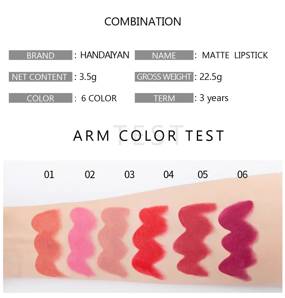 6 Colors Matte Lipstick Beauty Lip Gloss LippenstiftTinted Balm 24 Hours Waterproof Free Shipping Makeup