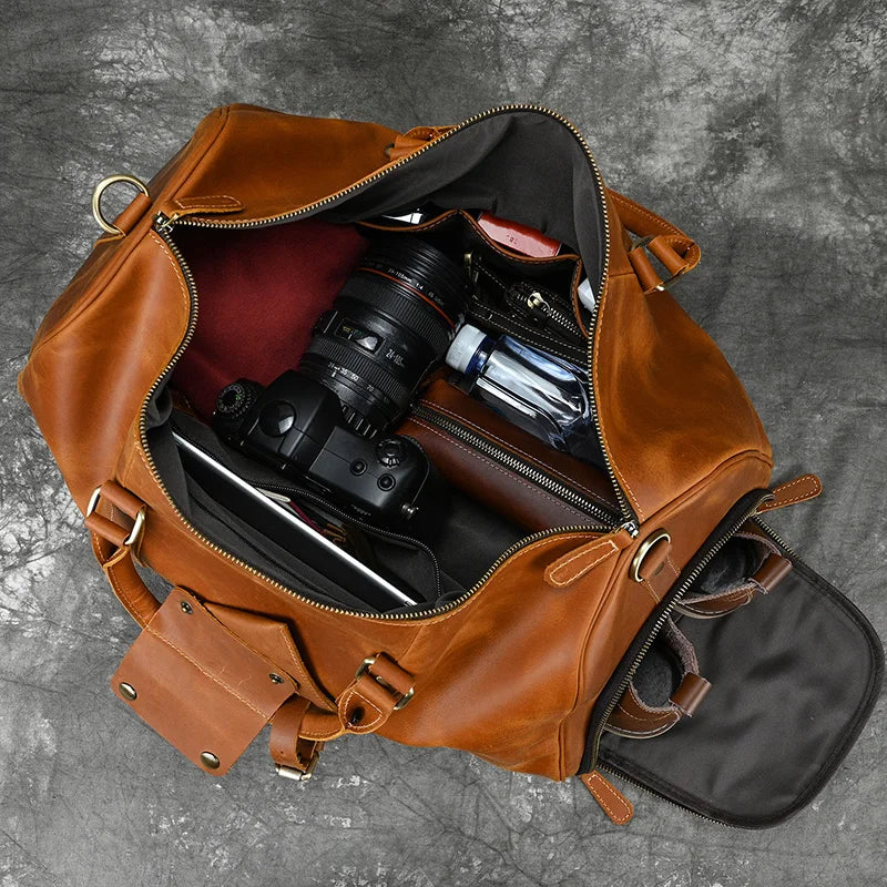 Fashionable Style Men's Leather Travel Handbags Real Cowhide Leather Duffle Bags For Man Male Weekend Bags With Shoe Pocket