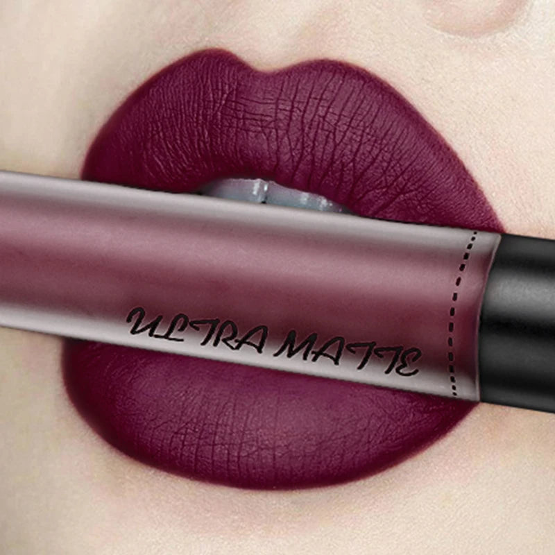 QIBEST Waterproof Matte Nude Lip Gloss 12 Colors Lasting Liquid Lipstick Moisturizing Non-stick Cup Black Red Purple Lip Glaze