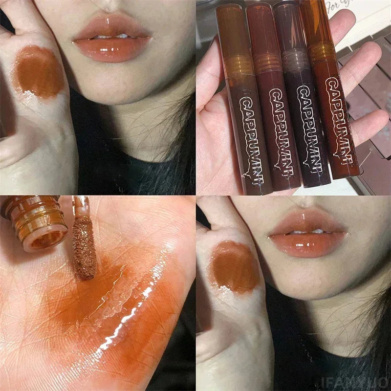 Punk Dark Brown Mirror Water Lip Gloss Red Lip Glaze Transparent Glass Lip Oil Waterproof Liquid Lipstick Clear Tint Makeup New