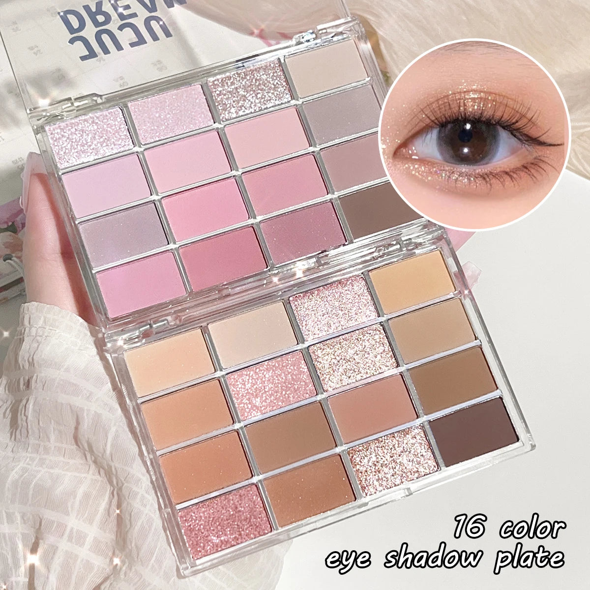 Dream 16 color eyeshadow palette - matte, glitter, shimmer, earth brown, purple and pink - low saturation everyday makeup