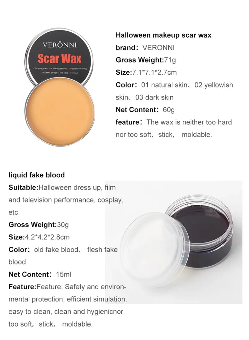 12/20 Colors Face Body Painting Fake Blood ,Halloween Professional Special Effects Makeup Kit with Wound Modeling Scar Wax