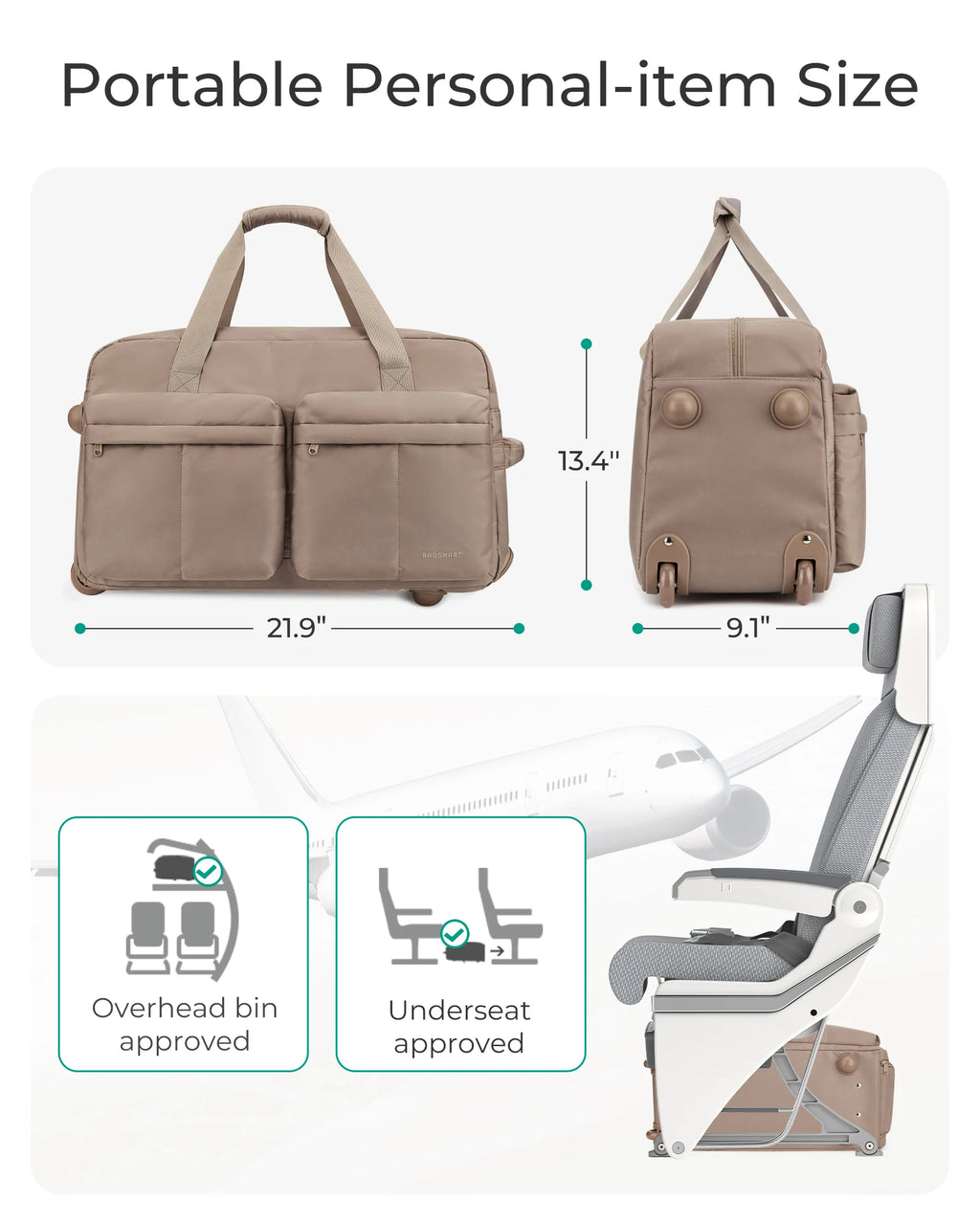 BAGSMART Rolling Duffle Bag with Wheels Waterproof Women's High-Quality Boston Bag Carry-On Suitcase for Travel Essentials