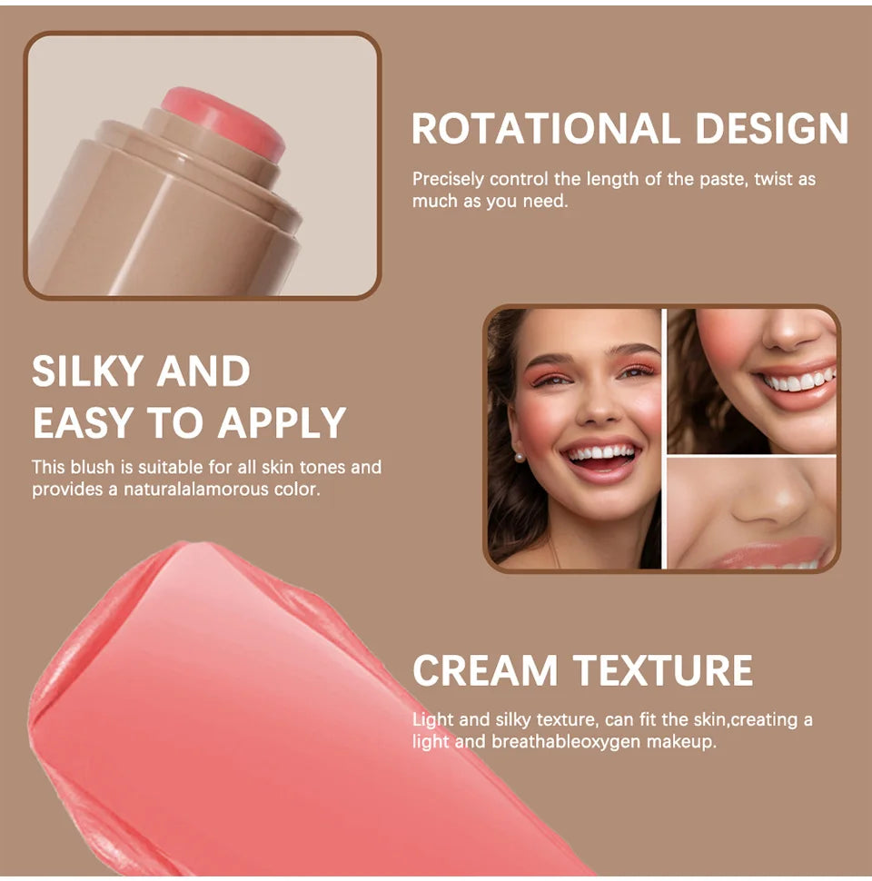 Lakerain 3in1 Cheek Lip Tinted Moistured Blush Stick Waterproof Easy Color Rouge Silky Smooth Blusher Cream Matte Contour Makeup
