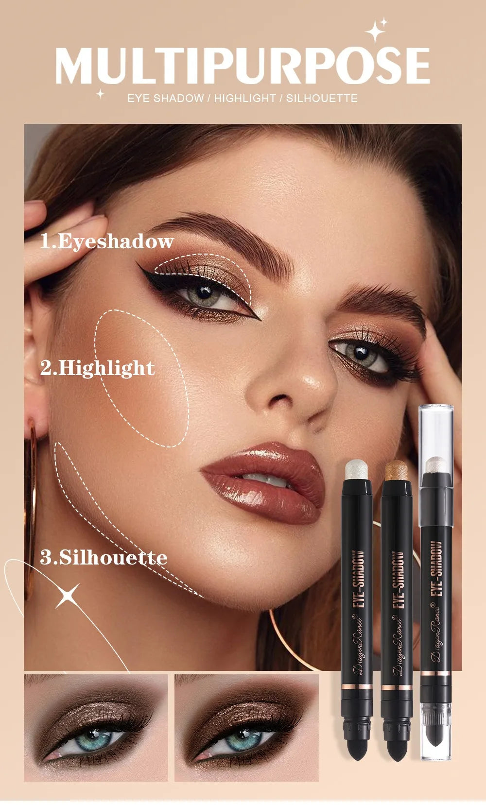 12-color Double Tip Eyeshadow Pen Set Metallic High Gloss Smudger Brighten Eye Makeup Pencil Shining Brown Eye Shadow Cosmetics