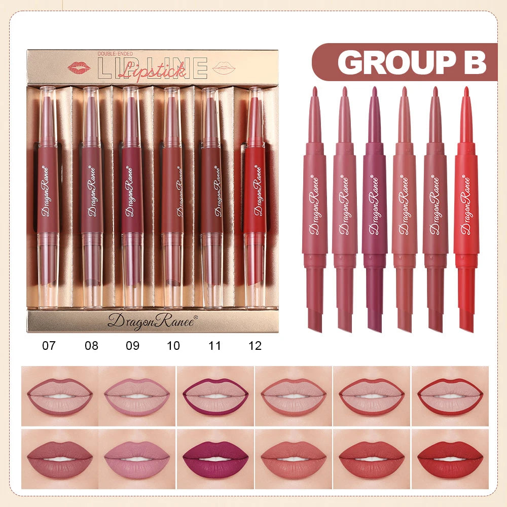 Six Double-Ended Lipstick Set, Velvet Matte Matte Lipstick, Lip Gloss, Easy to Color, Non-Fading, Non-Stick Lipstick Set