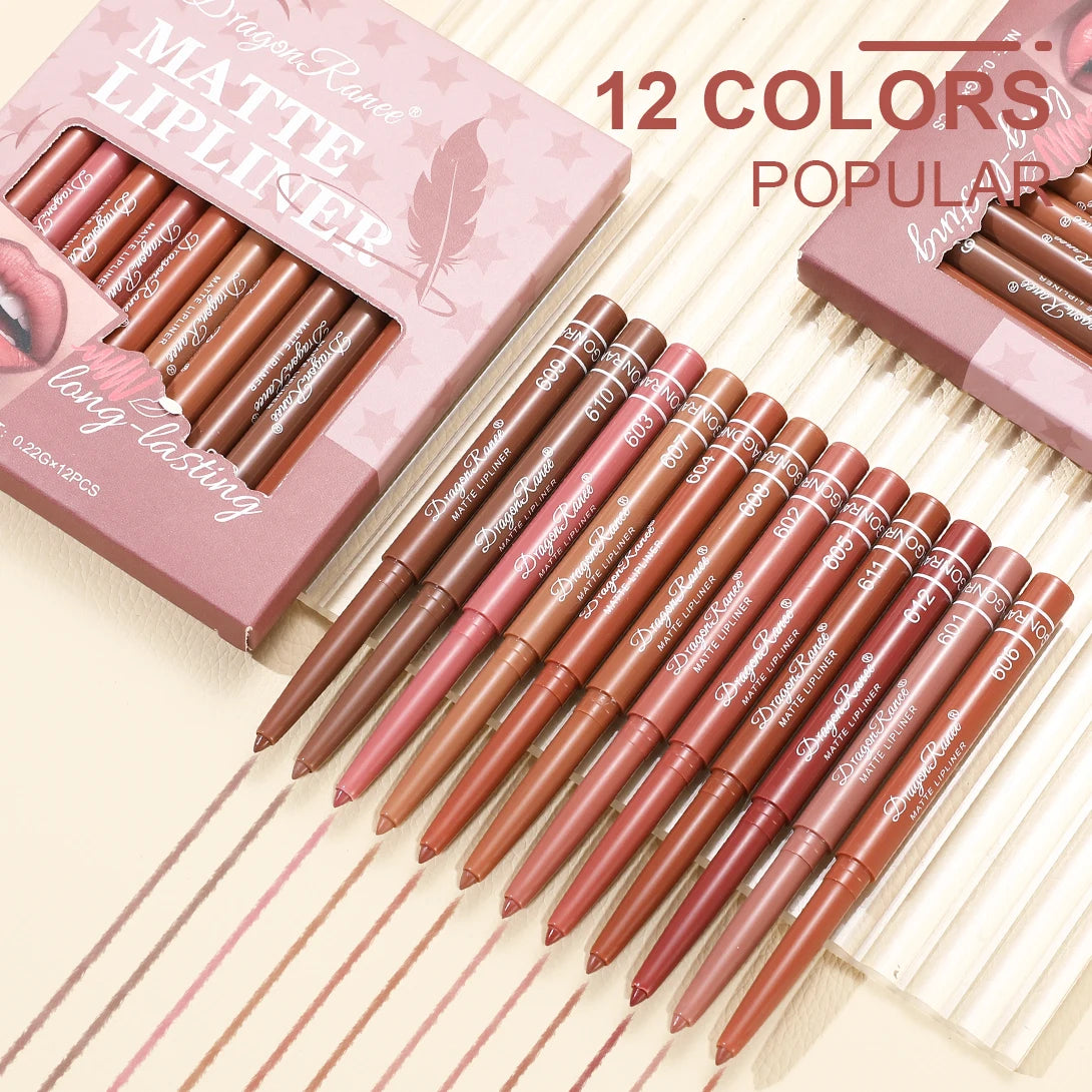 Dragon Ranee 12pcs Soft Matte Water Resistant Eraser Resistant Lip Liner Set Matte and Non-Drying Easy to Line Lip Liner Set