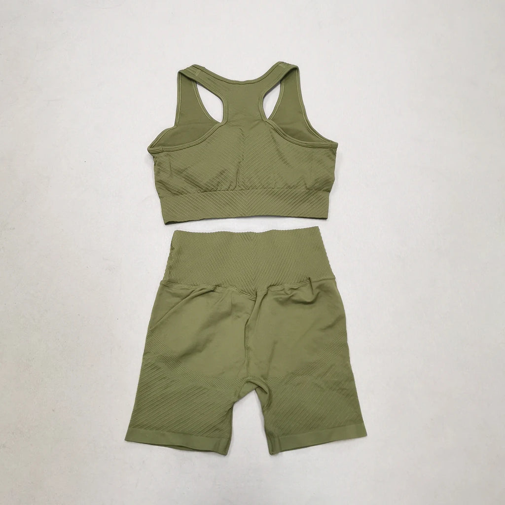 Women Yoga Set Seamless Gym Sportswear Long Seelves High Waist Leggings Sports Clothing Set Fitness Bra Vest Shorts Tracksuit
