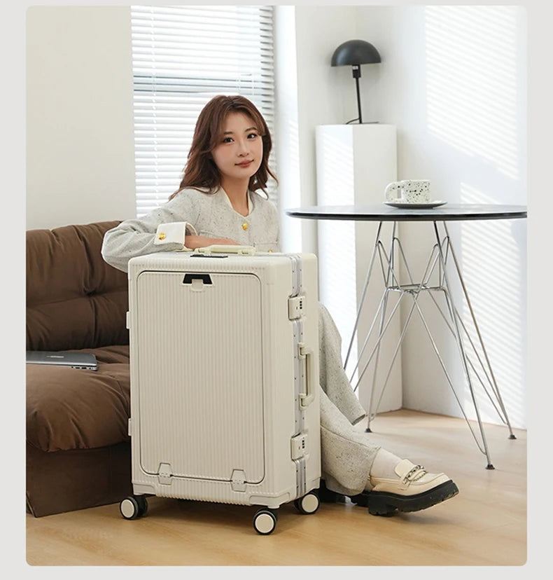 Front open trolley suitcase with cup holder travel luggage pull rod Aluminum frame Large capacity usb charging carry on suitcase