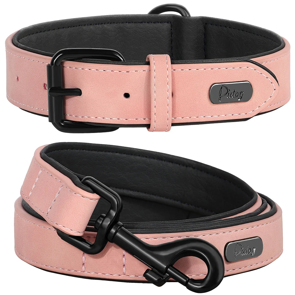 PU Leather Dog Collar Leash Set Soft Padded Puppy Dog Collars Adjustable Pet Necklace With Walking Lead For Small Large Dogs Pug