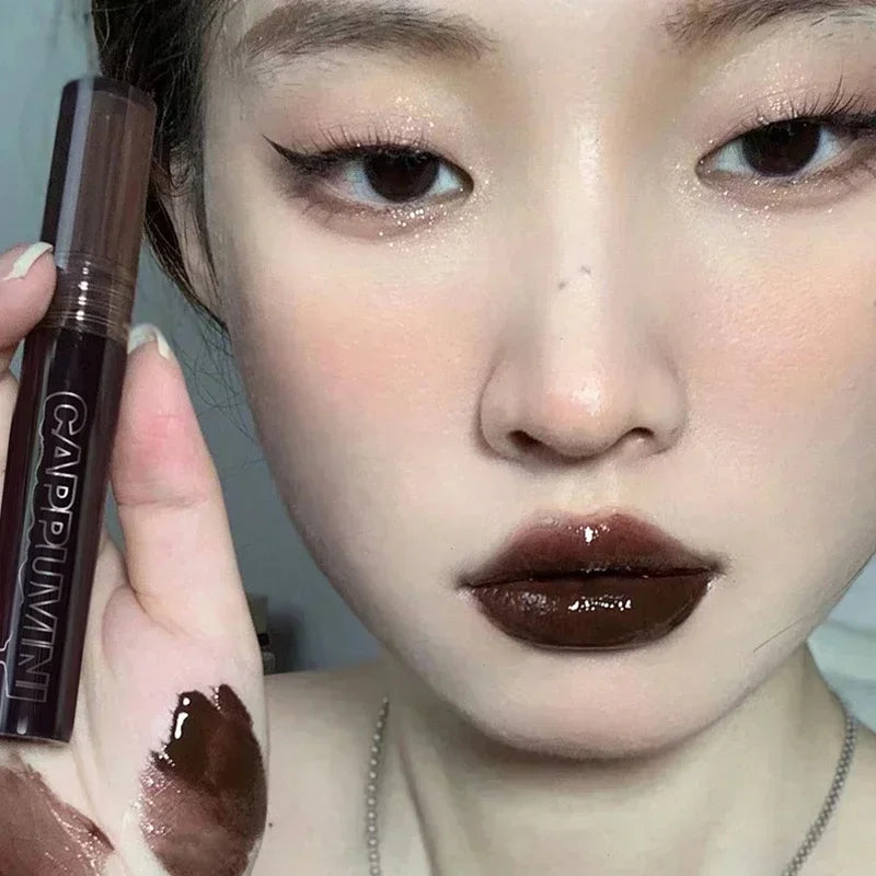 Punk Dark Brown Mirror Water Lip Gloss Red Lip Glaze Transparent Glass Lip Oil Waterproof Liquid Lipstick Clear Tint Makeup New
