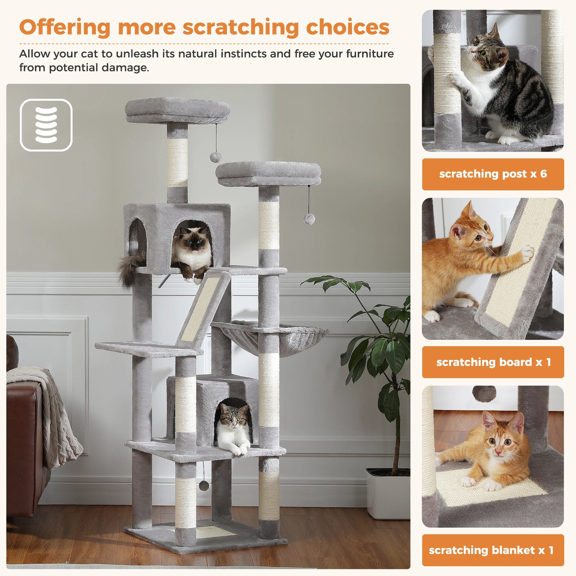 Multi-Level Cat Tree with Scratching Posts, Cozy Condo, Hammock, Large Cat Tower for Indoor Cats, Cat Scratching Board, Cat Toys