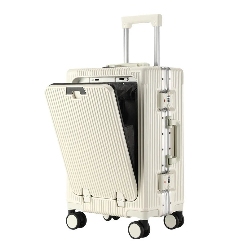 Front open trolley suitcase with cup holder travel luggage pull rod Aluminum frame Large capacity usb charging carry on suitcase