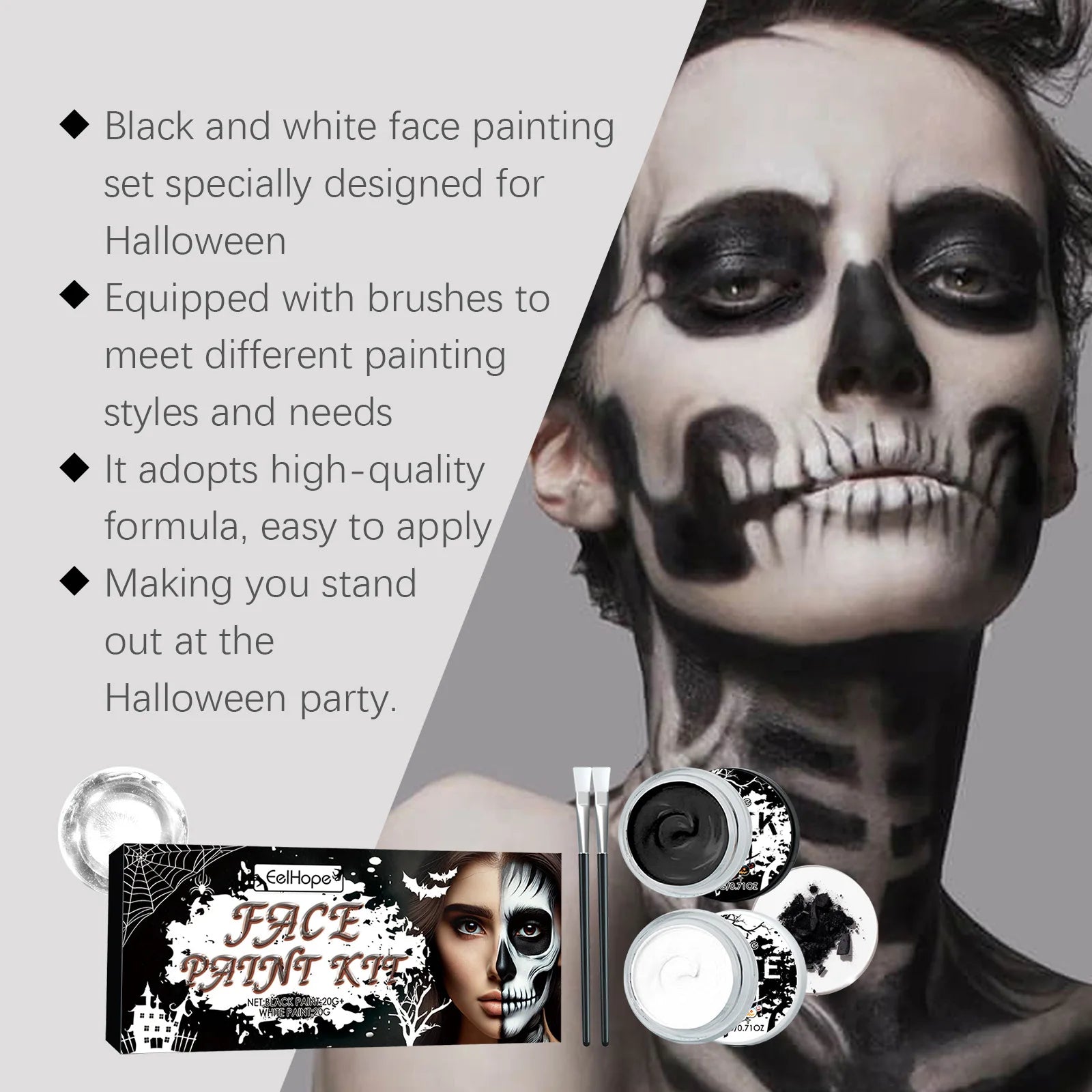 Black & White Face Body Paint Kit with Brushes Long-Lasting Makeup For Halloween Festive Fun Makeup Accessories Makeup Set