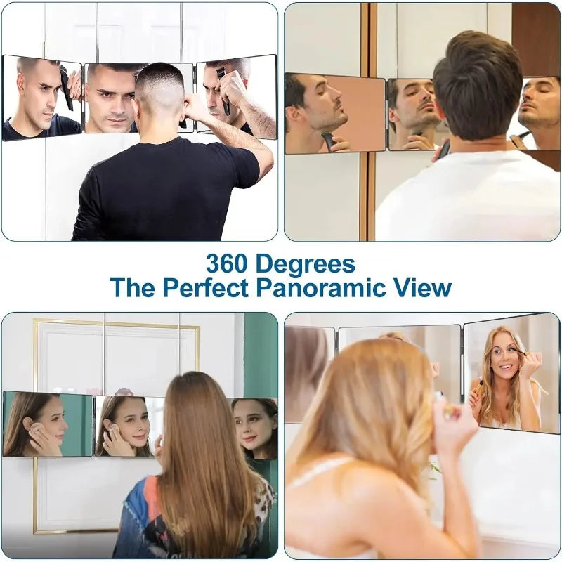 3 Way Compact Mirror for Self Hair Cutting Portable Trifold Cosmetic Mirror Makeup Vanity Mirror for Men and Women Folding Black