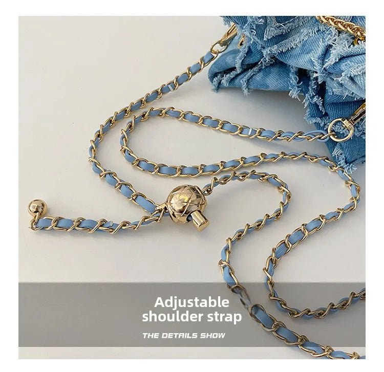 Vintage Denim Bucket Bag Retro Style Light Blue Ripped Edge Design Gold Chain Pearl Embellishment Adjustable Fringe Shoulder Bag
