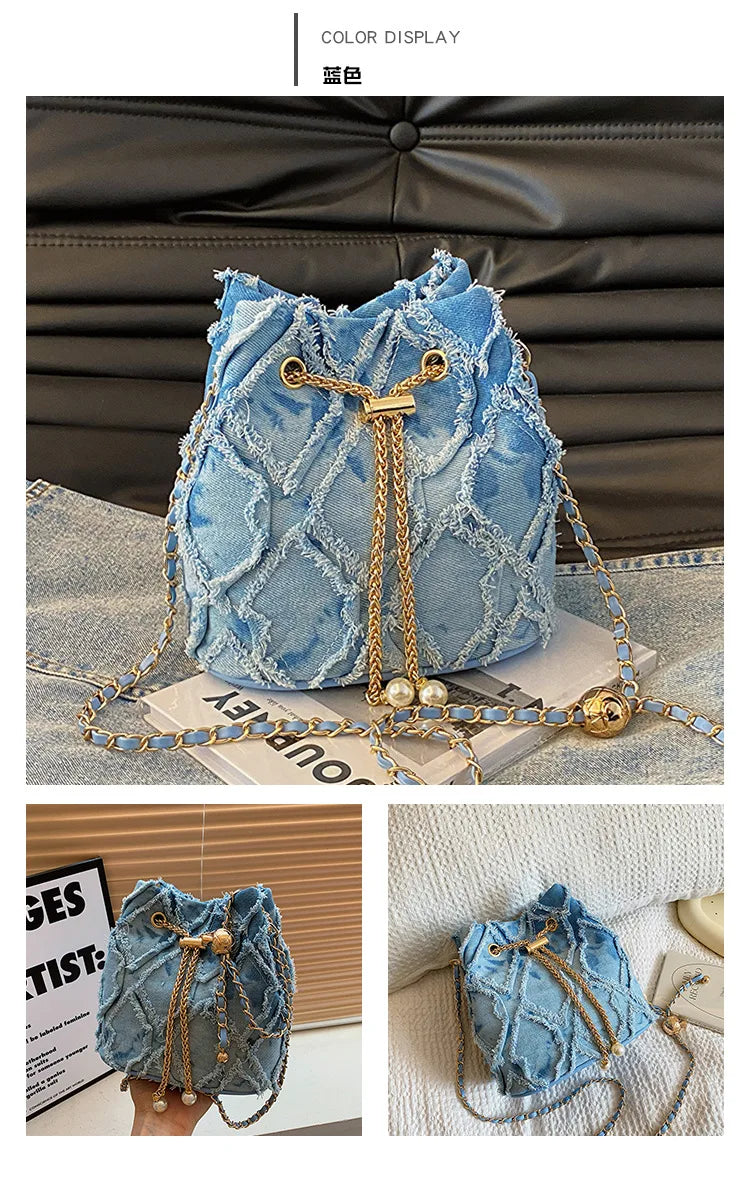 Vintage Denim Bucket Bag Retro Style Light Blue Ripped Edge Design Gold Chain Pearl Embellishment Adjustable Fringe Shoulder Bag