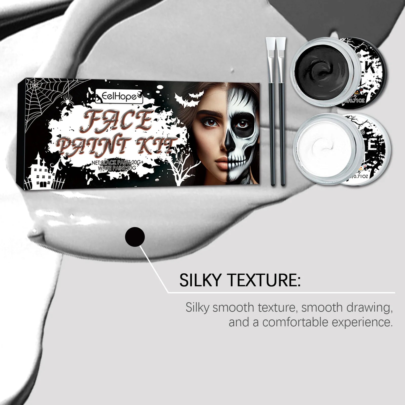Black & White Face Body Paint Kit with Brushes Long-Lasting Makeup For Halloween Festive Fun Makeup Accessories Makeup Set