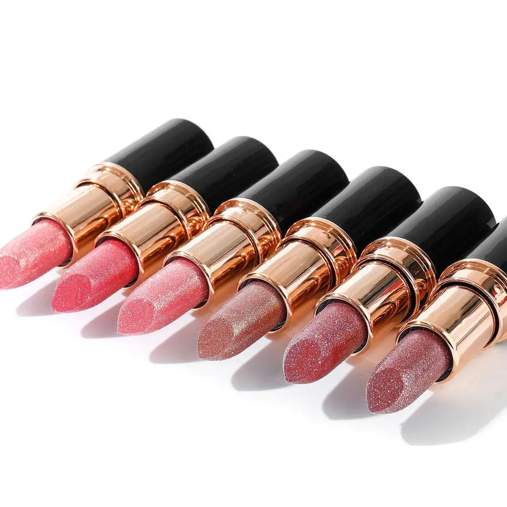 6 Colors Glitter Lipstick Waterproof Lasting Diamond Pearlescent Metallic Lipstick Women Lips Makeup Cosmetic