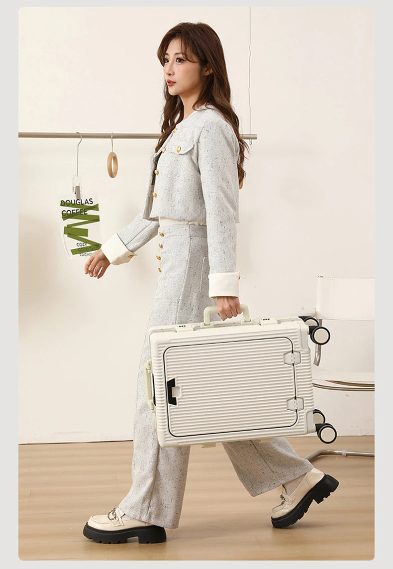 Front open trolley suitcase with cup holder travel luggage pull rod Aluminum frame Large capacity usb charging carry on suitcase