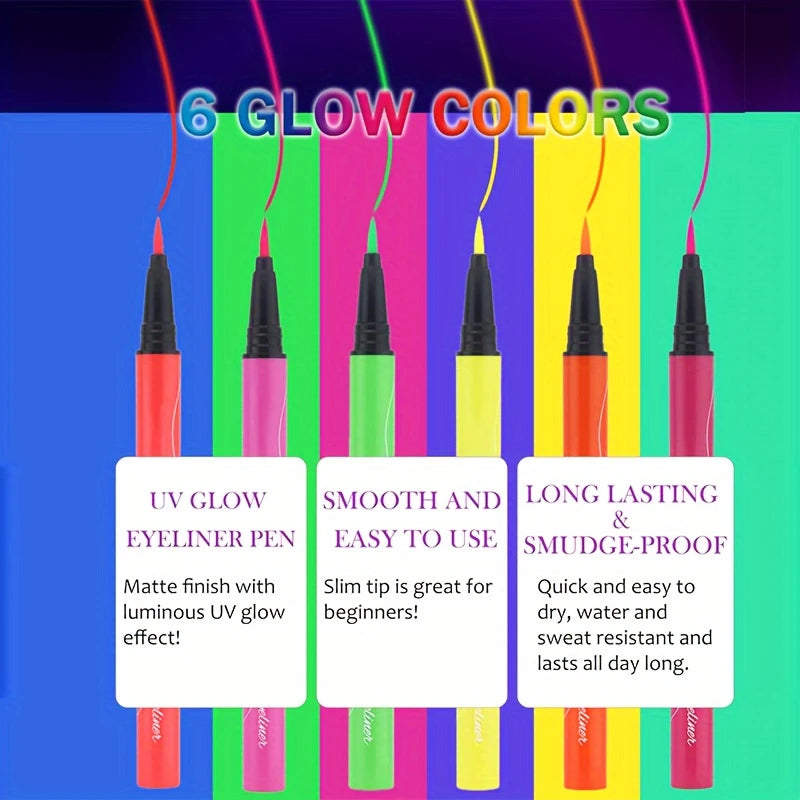 Glow In The Dark Face Paint Kit,6pcs Shimmer Glow Eyeliner set,UV Neon Face & Body Paint Sticks Marker Luminous Makeup for Music