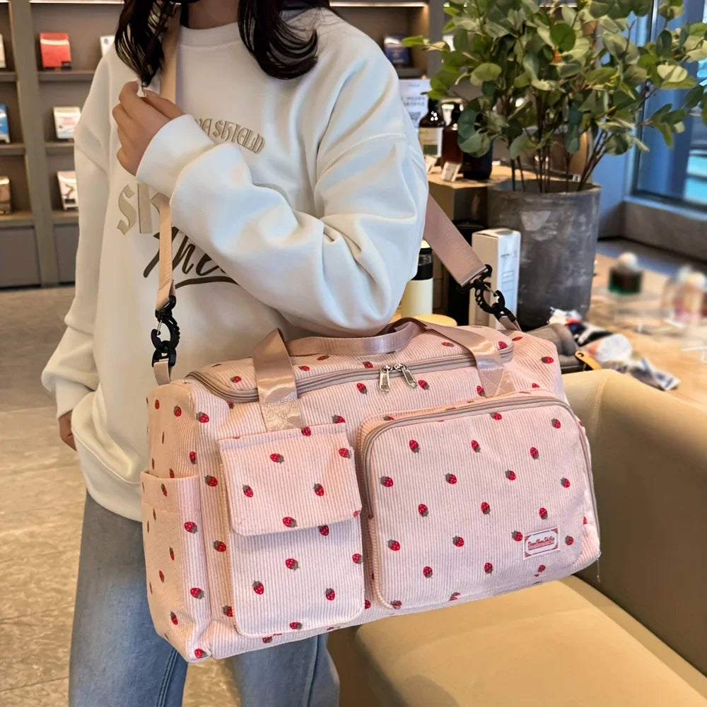 Large Capacity Casual Strawberry Print Duffel Bag with Multiple Compartments - Ideal for Travel, Gym, and Everyday Use