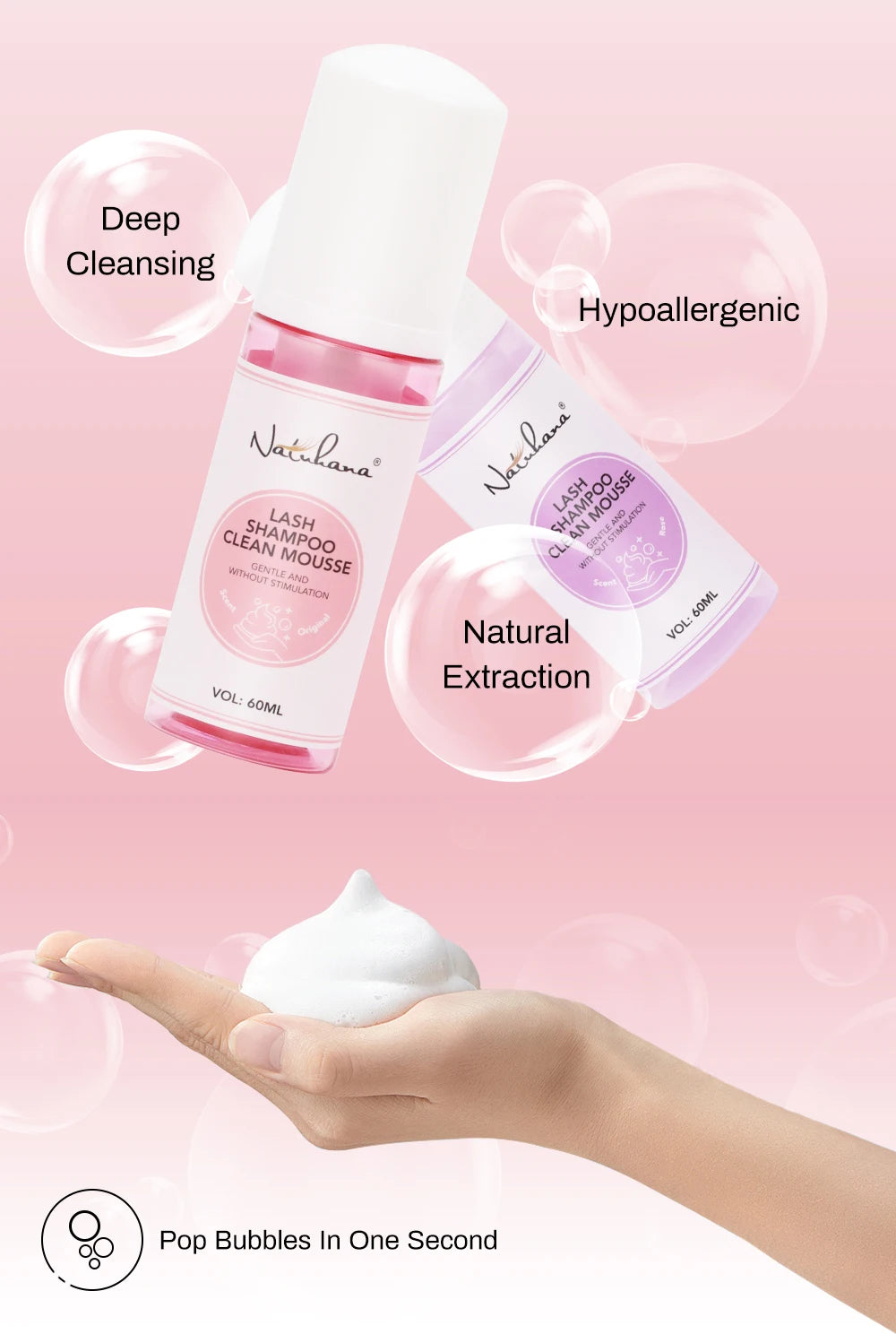 Natuhana 60ml Eyelash Extension Shampoo Mousse False Eyelashes Glue Accessories Lash Cleaning Foam No Stimulation Makeup Tools