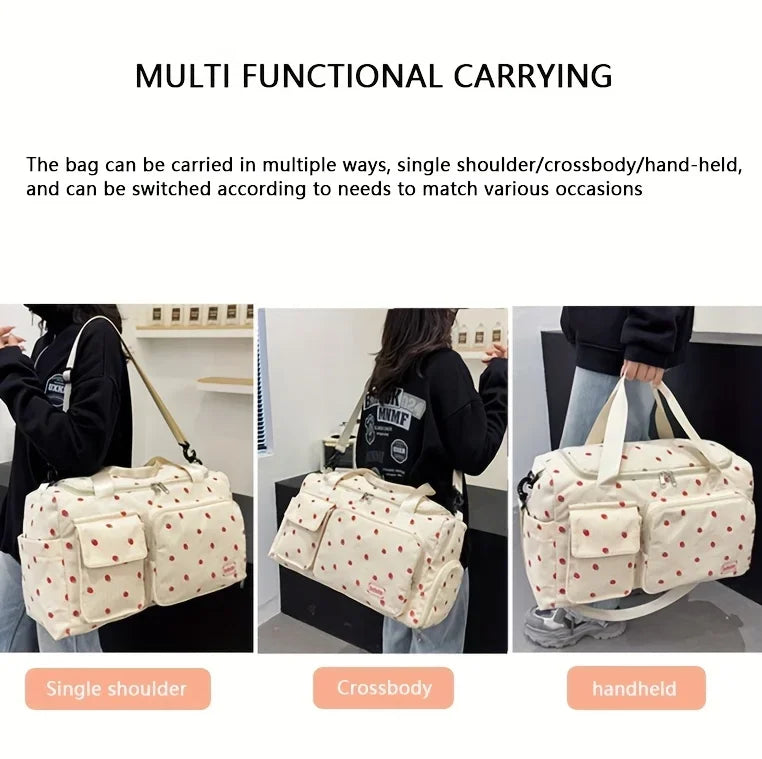 Large Capacity Casual Strawberry Print Duffel Bag with Multiple Compartments - Ideal for Travel, Gym, and Everyday Use