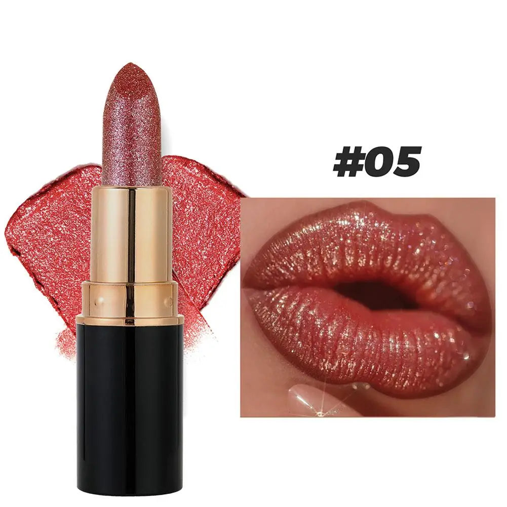6 Colors Glitter Lipstick Waterproof Lasting Diamond Pearlescent Metallic Lipstick Women Lips Makeup Cosmetic