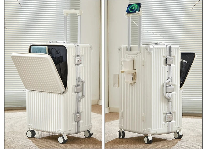 Front Opening Suitcase 2025 New Large Capacity 20/30 inch Aluminum Frame Luggage with USB Cup Holder Laptop Bag Travel Suitcases