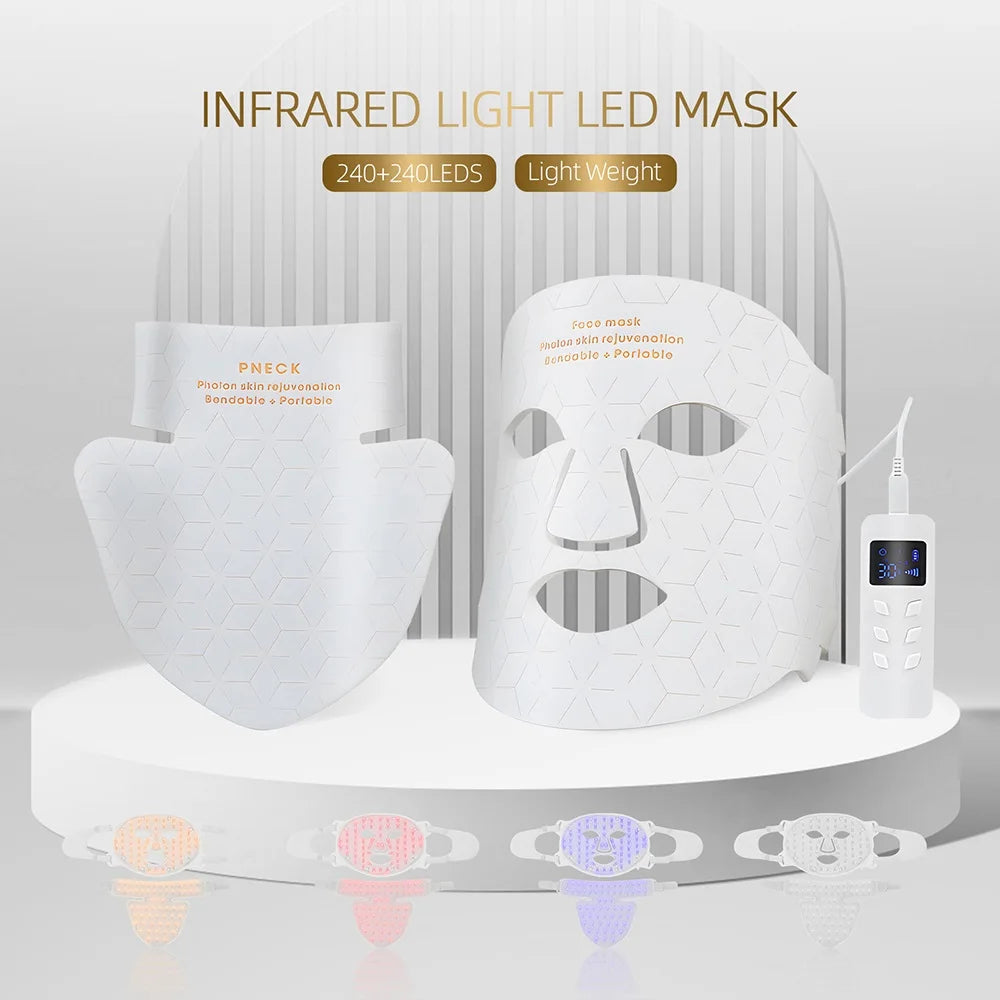 Silicone LED Mask Face With Neck 4 Colors LED Light Photon Infrared Therapy Flexible Facial Mask Repair Skin Brighten Skin Tone