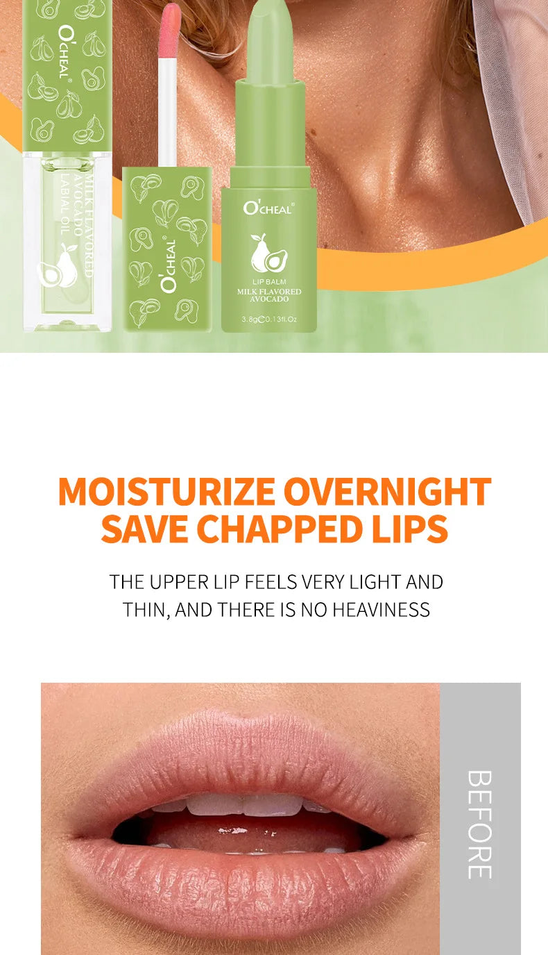 Honey Avocado Lip Balm&Lip Gloss Set PH Color Change Moisturizing Long Lasting Light Pink Lipstick Lips Makeup for Women