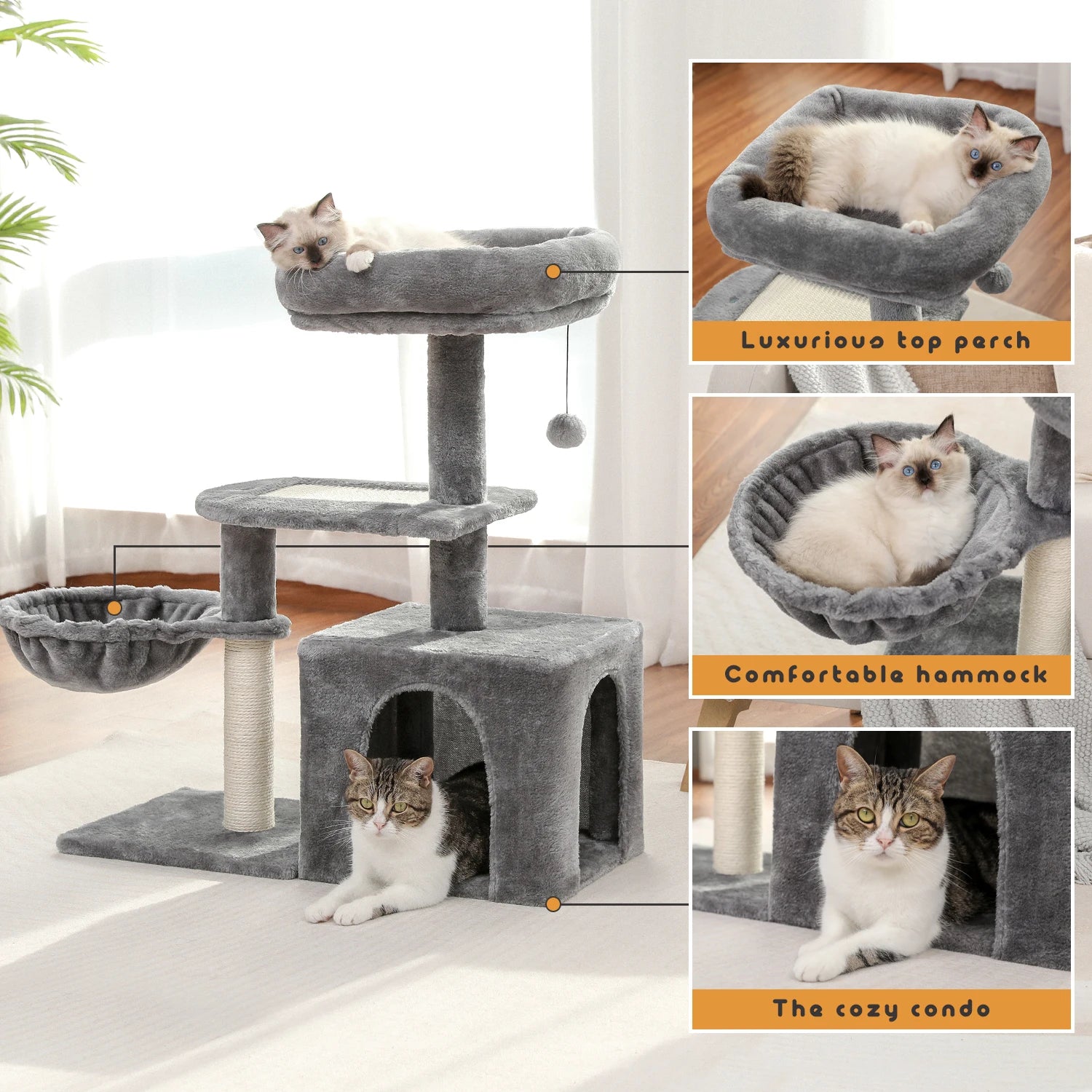 Cat Tree for Small Indoor Cats, Plush Cat Tower with Large Cat Condo, Deep Hammock and Sisal Cat Scratching Post for Kittens